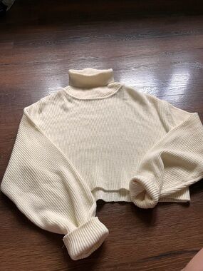 Cream Turtleneck Ribbed Cropped Sweater